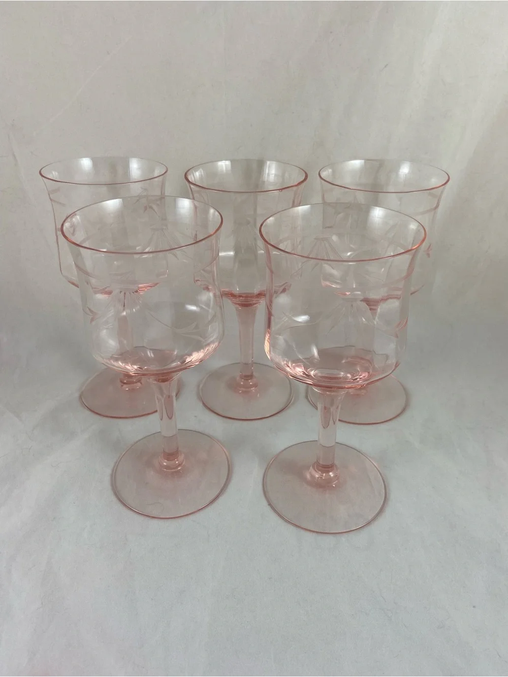 Tiffin Franciscan Set Of 5 Etched Floral & Leaf Optic Pink Wine Cocktail Glasses